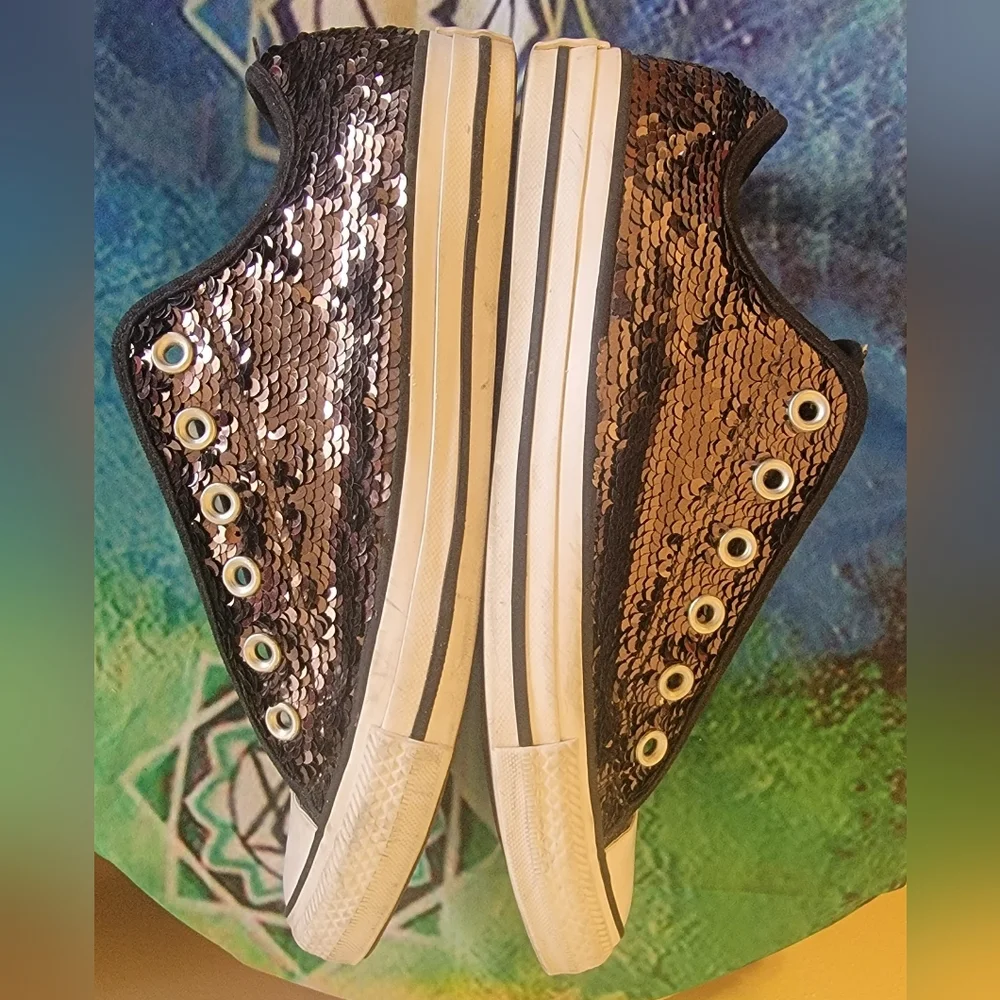 Converse All Star Black and Rose Gold Sequin Slip-On Sneakers - Picture 3 of 7